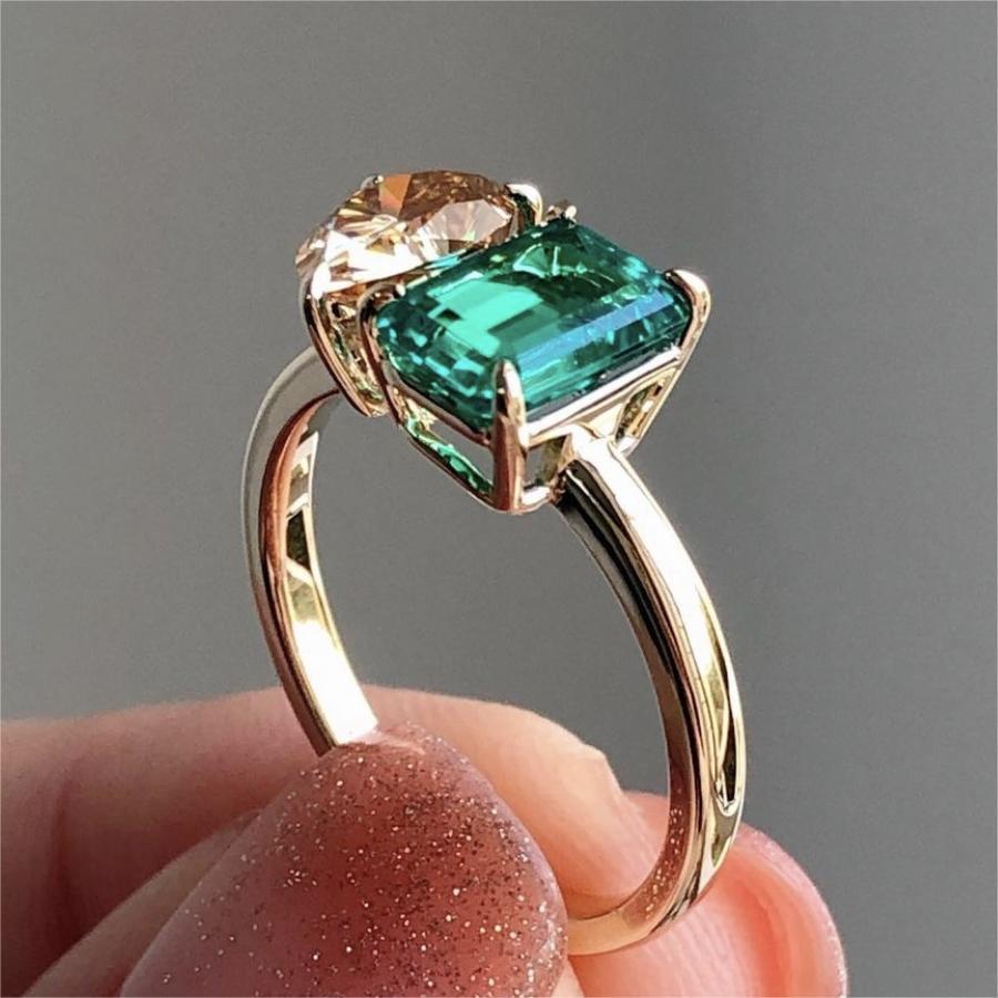 Fashion Jewelry Creative Double Main Stone Lady Green Yellow Zircon Square Stone Ring Female Luxury Crystal Engagement Ring Classic Gold Color Wedding Rings For Women Minimalist Bands