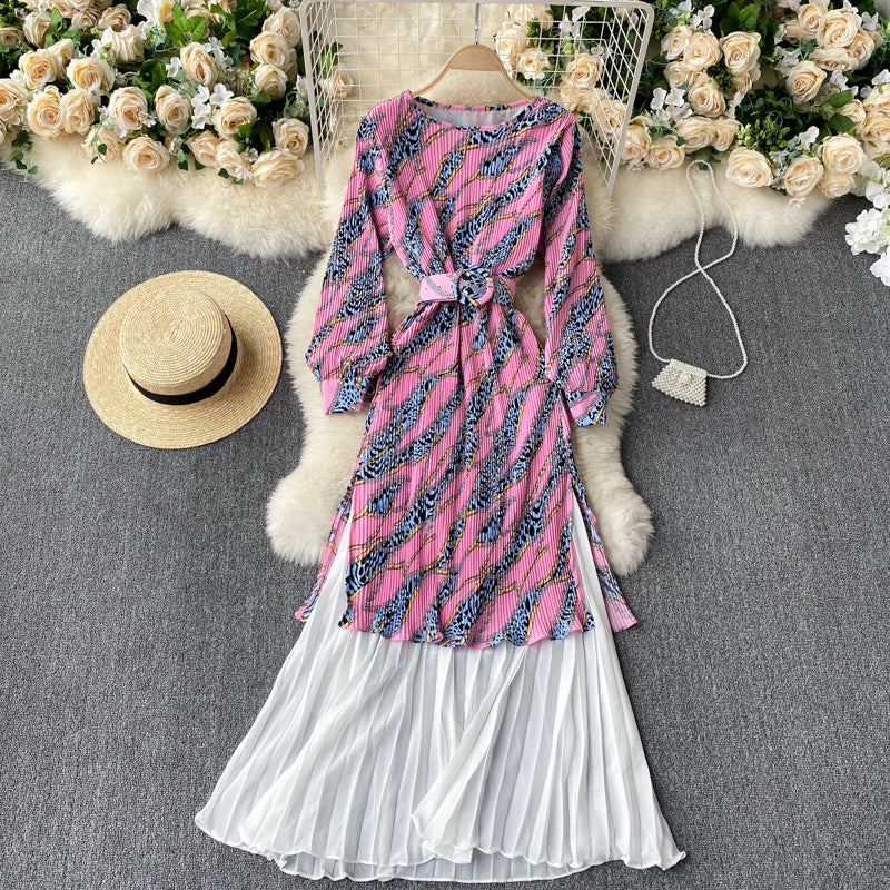 Pleated Stretch Slim Mid-length Contrast Color Stitching Chiffon Dress Female