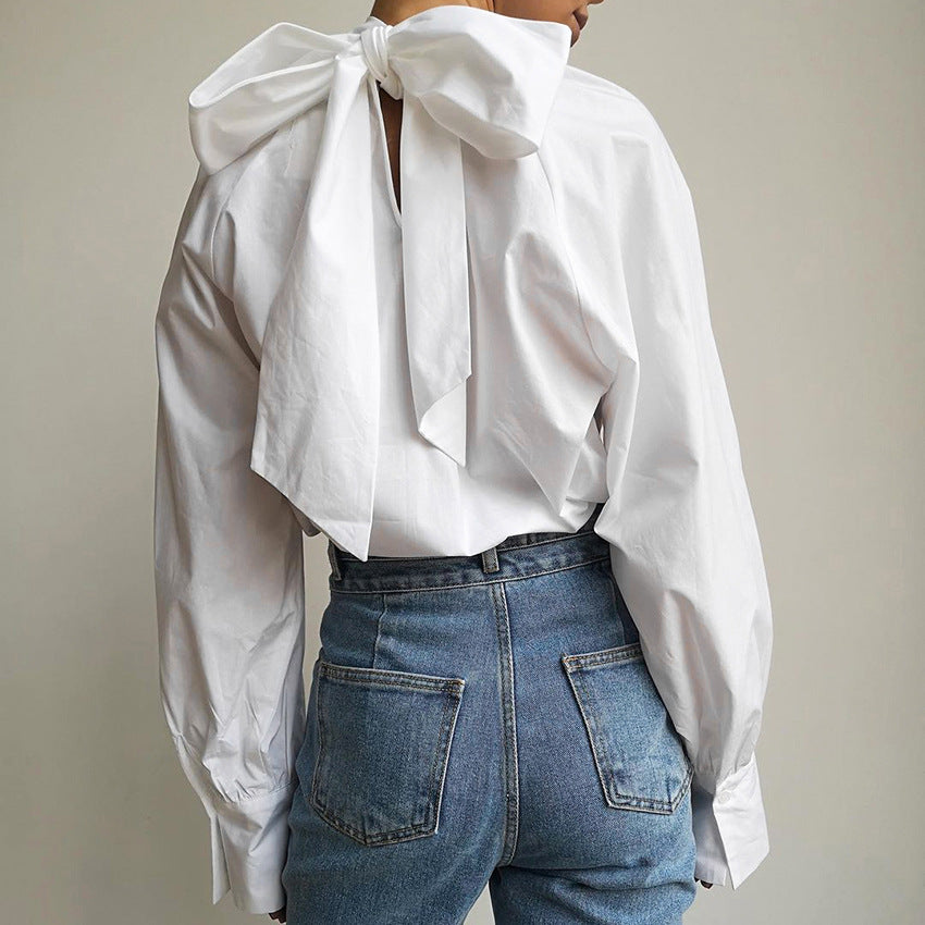 Camisa con pajarita y cuello alto francés para mujer