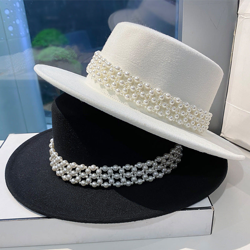 Autumn And Winter New White Children's Elegant Pearl Chain Flat Top Hat