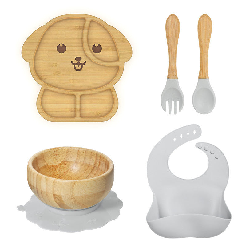 Baby Sucker Bamboo Bowl Compartment Food Supplement Spork Silicone Bib Tableware Suit