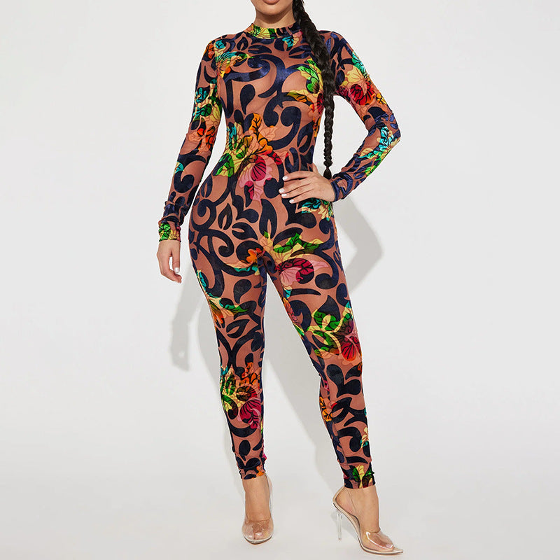 Retro Printed High Elastic Skinny Mesh Jumpsuit