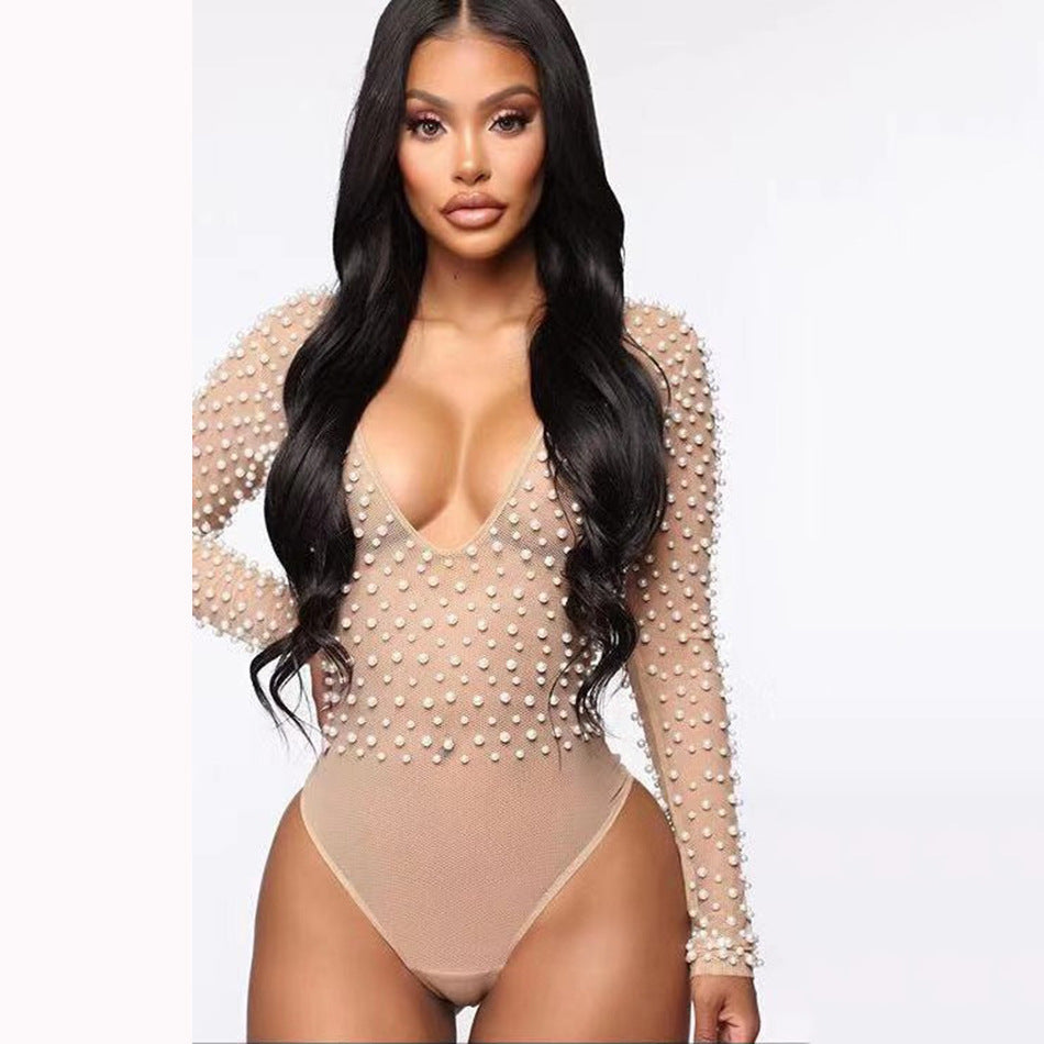 V-Neck Mesh Beaded Pearl Jumpsuit Women's Bodysuit