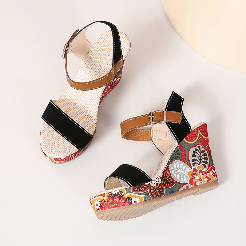 Fashion Flowers Embroidered High Wedge Platform Buckle Shoes