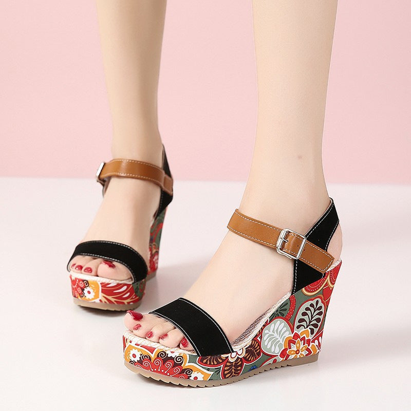 Fashion Flowers Embroidered High Wedge Platform Buckle Shoes