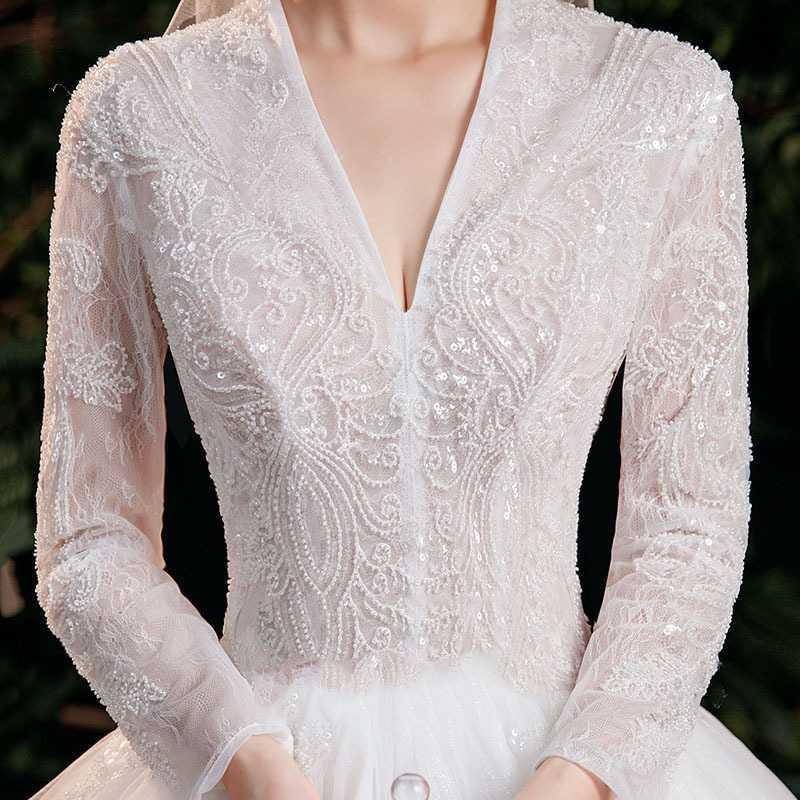 Deep V-neck Bridal Trailing Long Sleeves