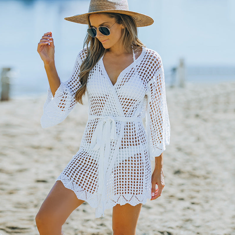 Blusa de playa con lazo recortado de crochet nuevo para mujer