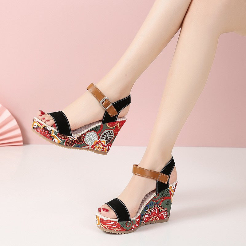 Fashion Flowers Embroidered High Wedge Platform Buckle Shoes