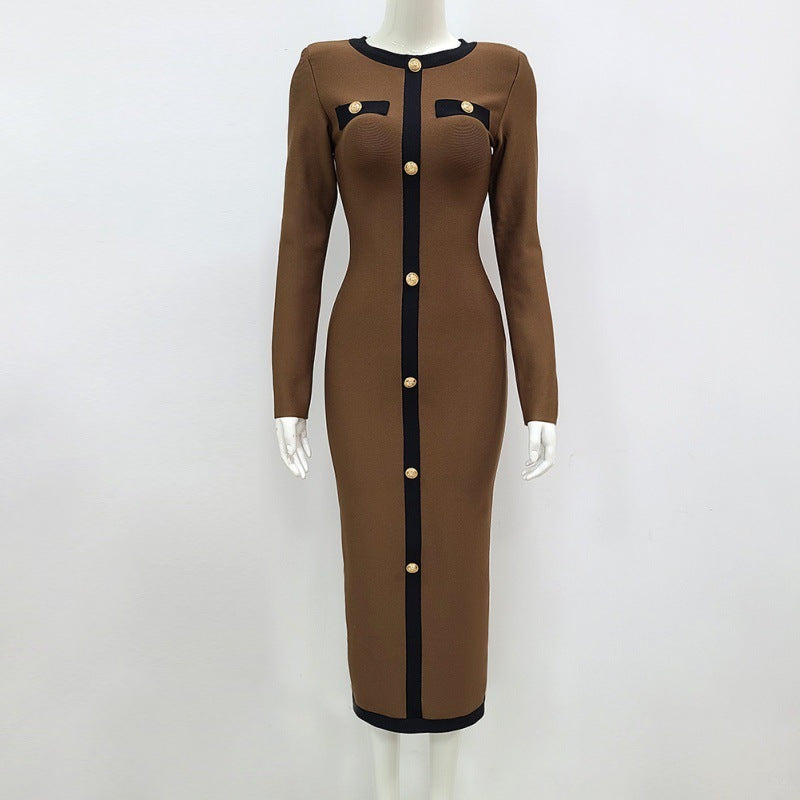 Sexy Tight Vintage Long Sleeve Bandage Dress Button Stretch