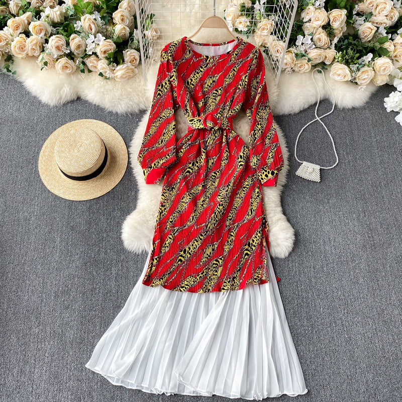 Pleated Stretch Slim Mid-length Contrast Color Stitching Chiffon Dress Female