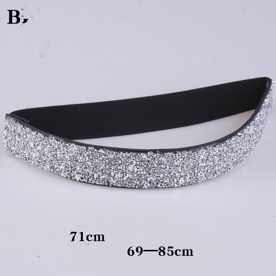 Rhinestones And Diamonds Elastic Wide Belt Flashing Diamonds Ladies Versatile Crystal Stretch