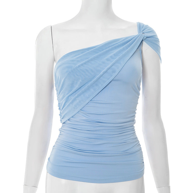 Solid Color Shoulder Tie Mesh Vest T-shirt For Women