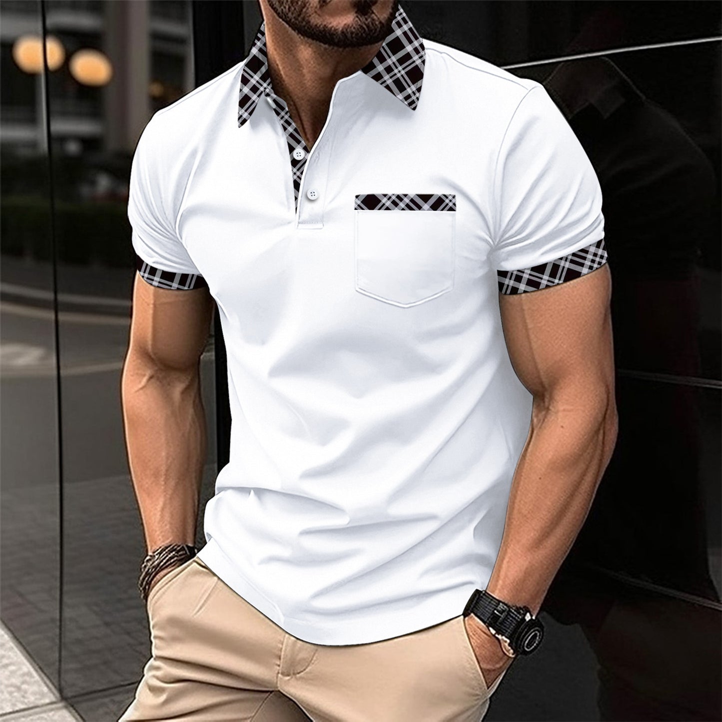 Ins Color Matching Plaid Short Sleeve Sports Polo Shirts