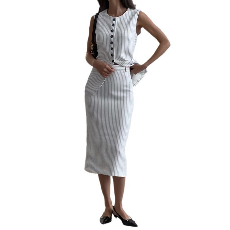 Women's Round-neck Striped Single-breasted Vest Top High Waist A- Line Skirt Suit