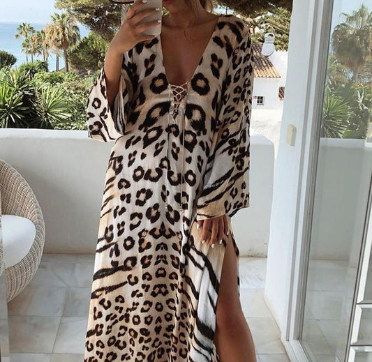 Leopard Print Casual Split Dress Fashion