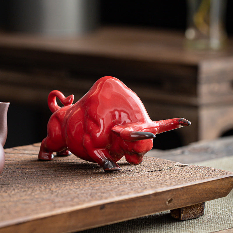 BullCreative Ceramic Red Ox Year Mascot Tea Pet Ornament