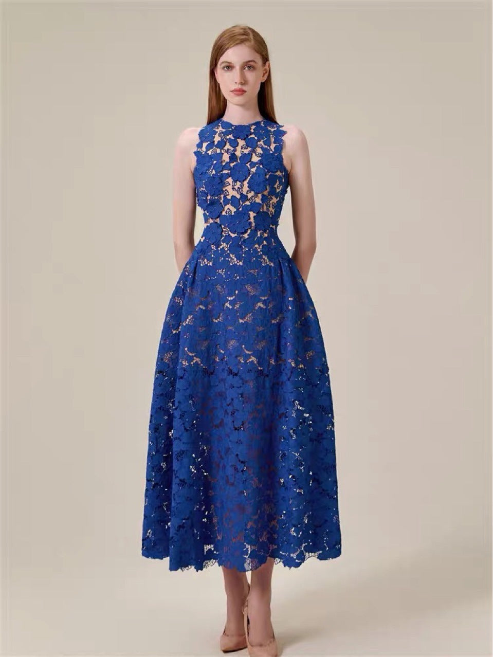 Heavy Work Lace Dress Klein Blue Embroidery