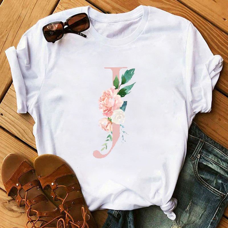 Camiseta informal con estampado de flores y letras INS26 para mujer