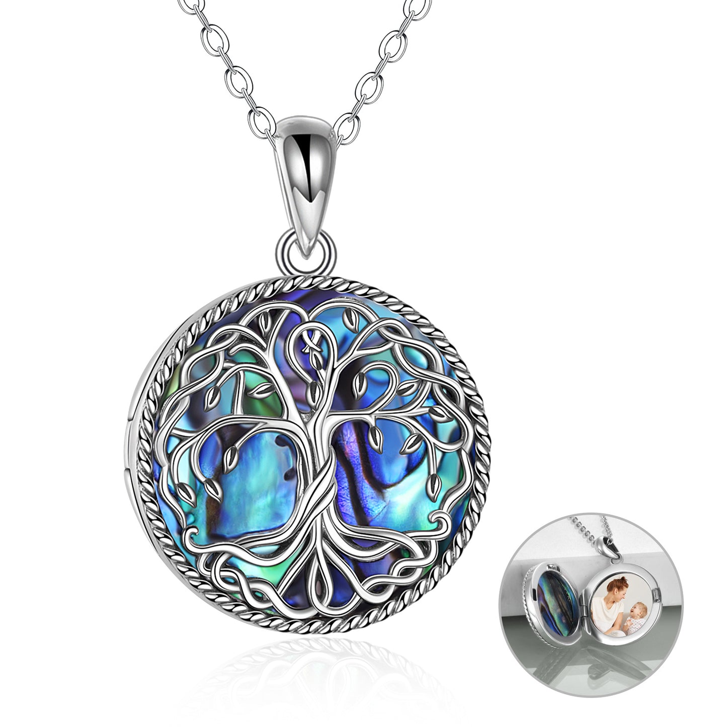 Tree of Life Locket Necklace Jewelry for Women Sterling Silver Celtic Family Tree Abalone Shell Lockets Jewelry