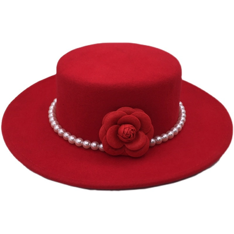 Red Wool Tweed Elegant Small Incense Pearl Flowers Flat Top Wide Brim Hat