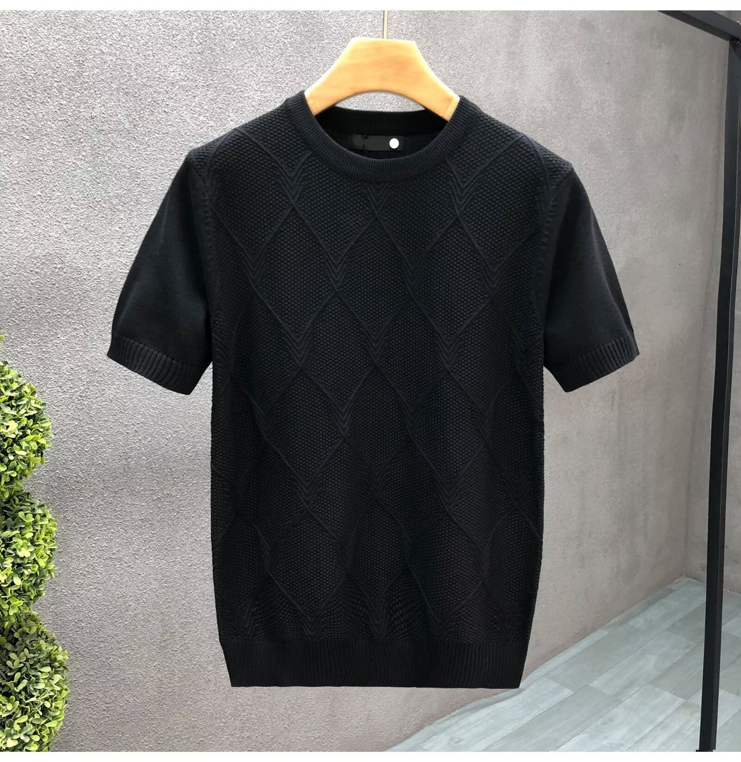 Diamond Lattice White Sweater With Short Sleeves Men's Slim Bottoming Shirt