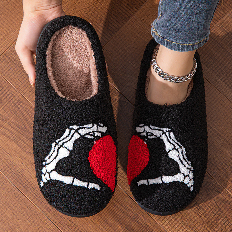 Divertidas pantuflas de Halloween con forma de calavera y mano de amor, antideslizantes, de algodón, con suela suave, para el dormitorio, cálidas para el invierno, para mujeres y hombres