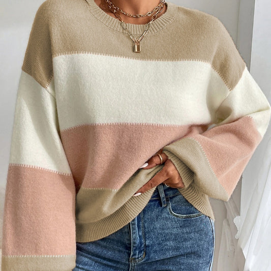 Pull ras du cou color-block décontracté à épaules amples et manches lanternes pour femme
