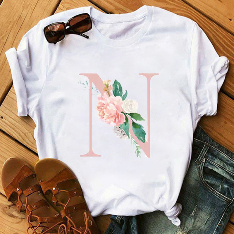 Camiseta informal con estampado de flores y letras INS26 para mujer