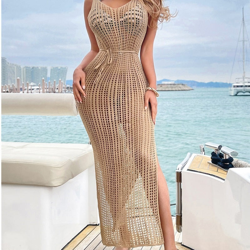 Beach Casual Solid Color Knitted Sling Dress Women