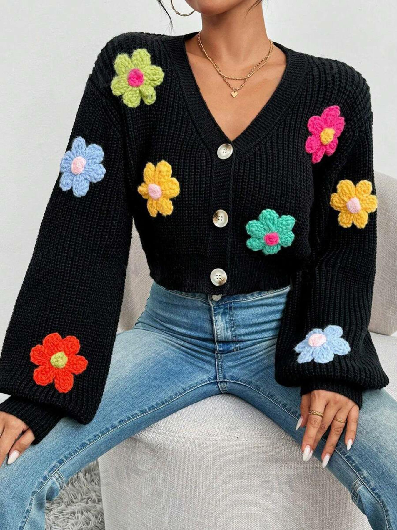 Sweet Flowers Pattern Sweater Cardigan