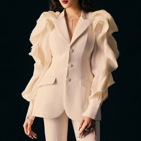 Personality Lapel Gauze Stitching Puff Sleeves High-quality Slim Suit Jacket