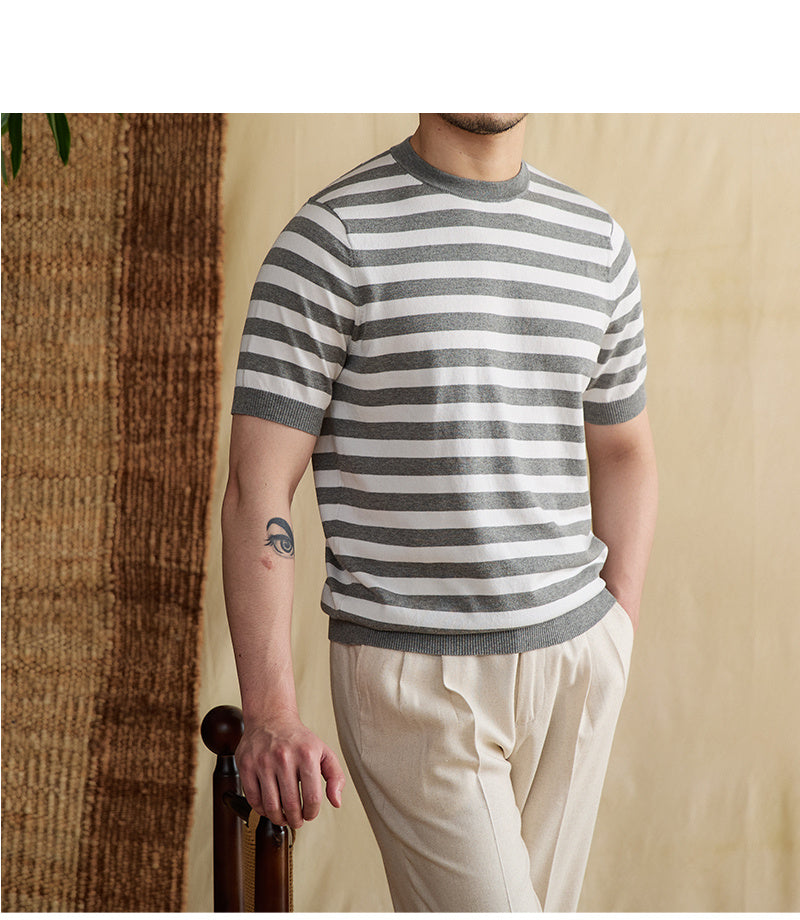 Striped Navy-striped Shirt Breathable Tencel Cotton Round Neck Short Sleeve T-shirt