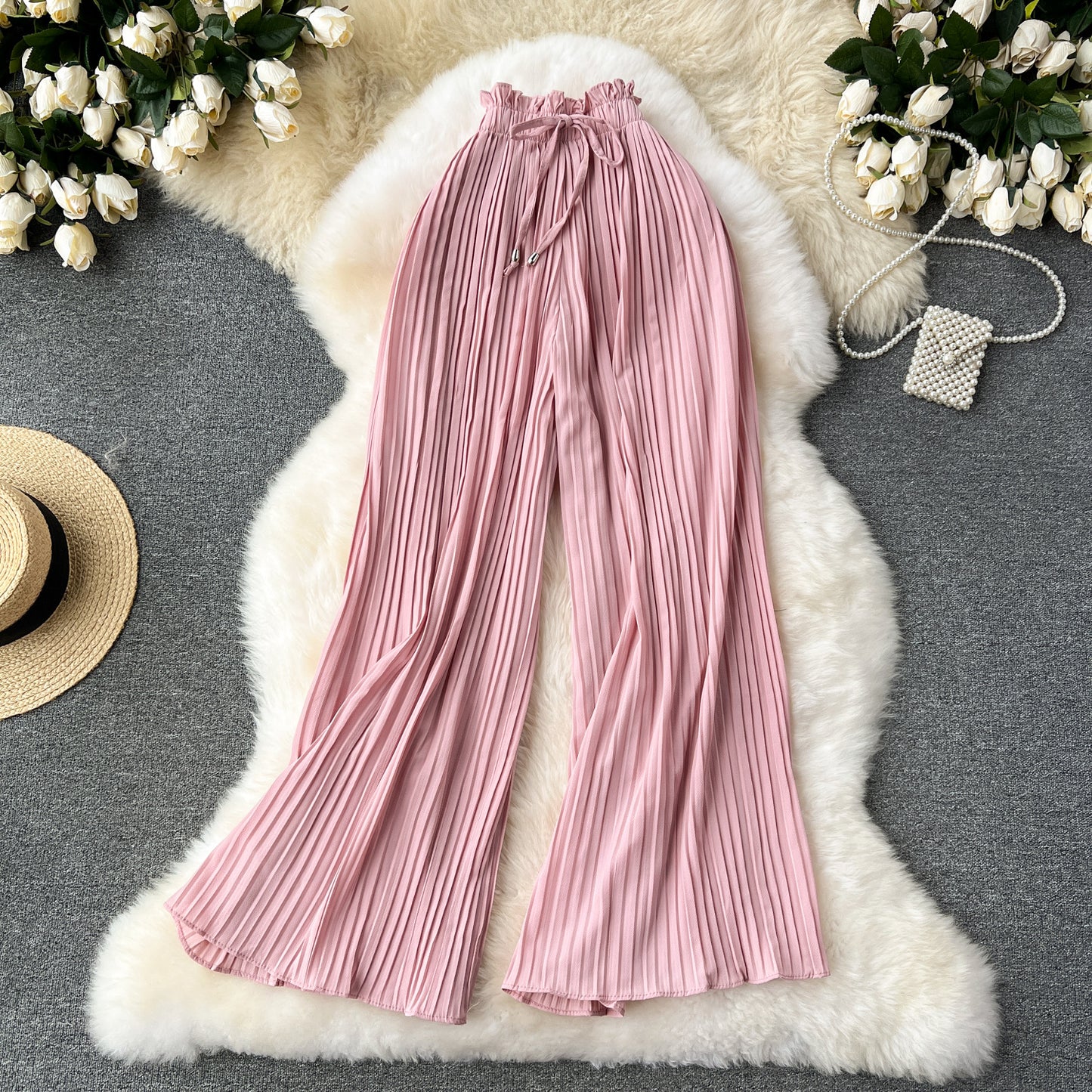 Slimming Slim Fit Draping Effect Wide Leg Pleated Pants