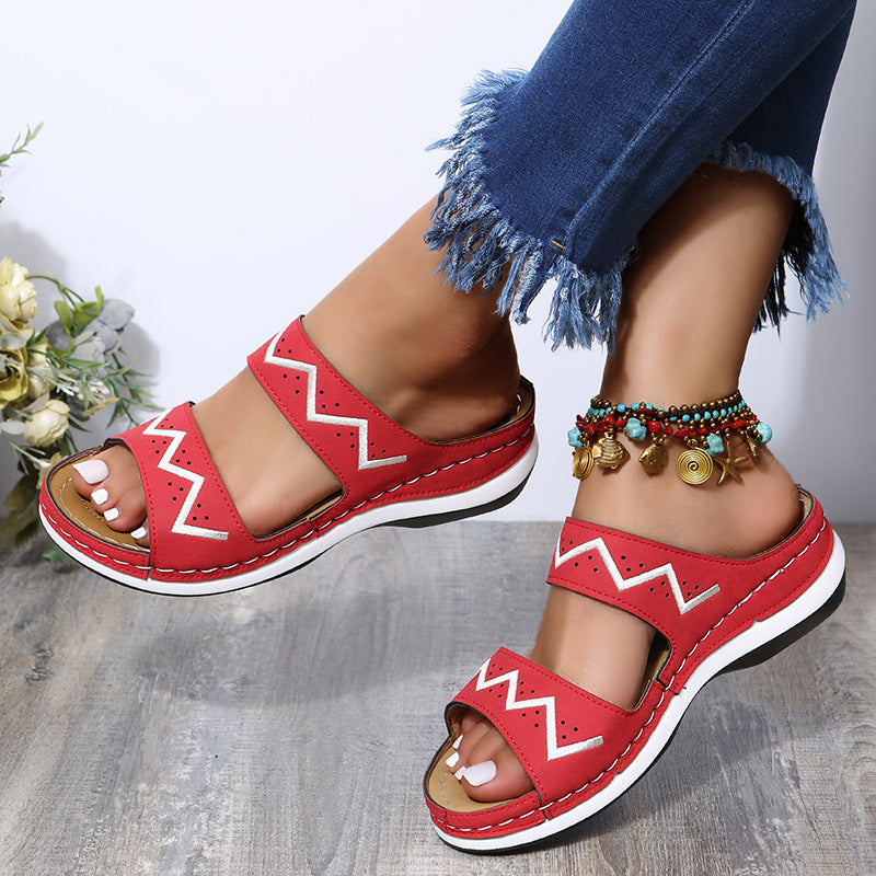 Mid-Heel Embroidered Wedge Lightweight Sandals