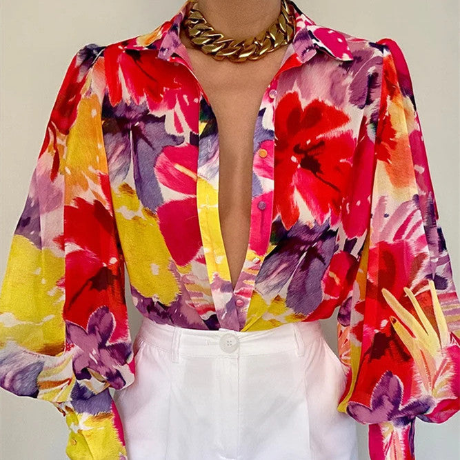 Camisa de moda con manga farol estampada de verano para mujer