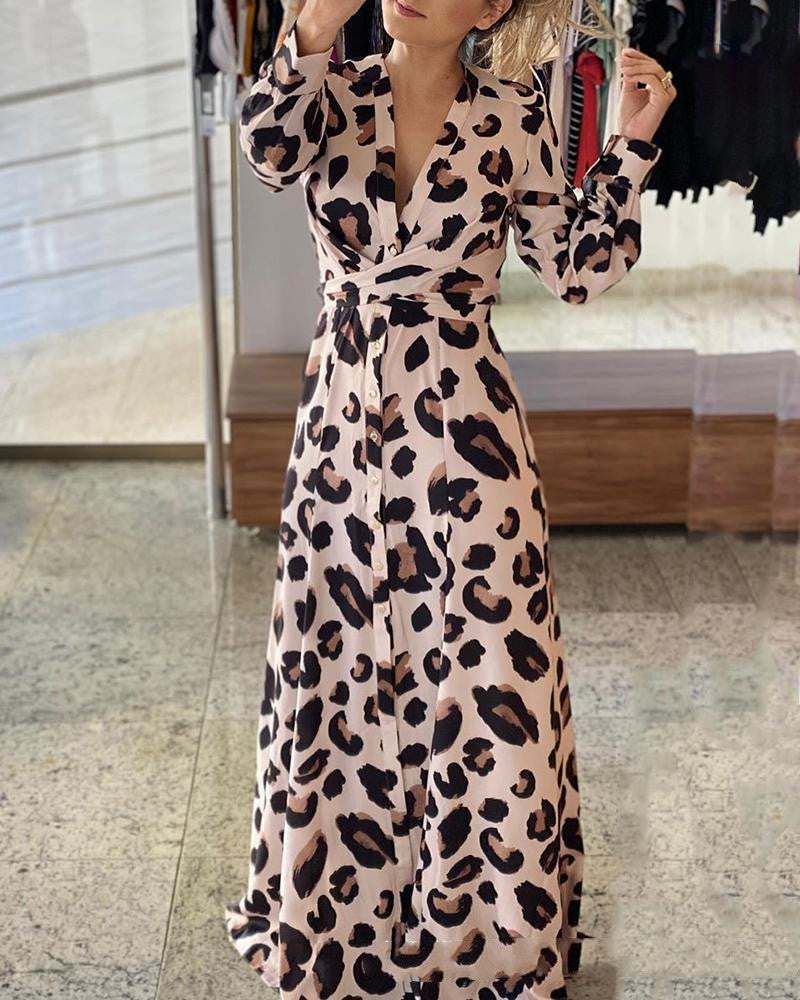 Nuevo Vestido de manga larga con estampado de leopardo