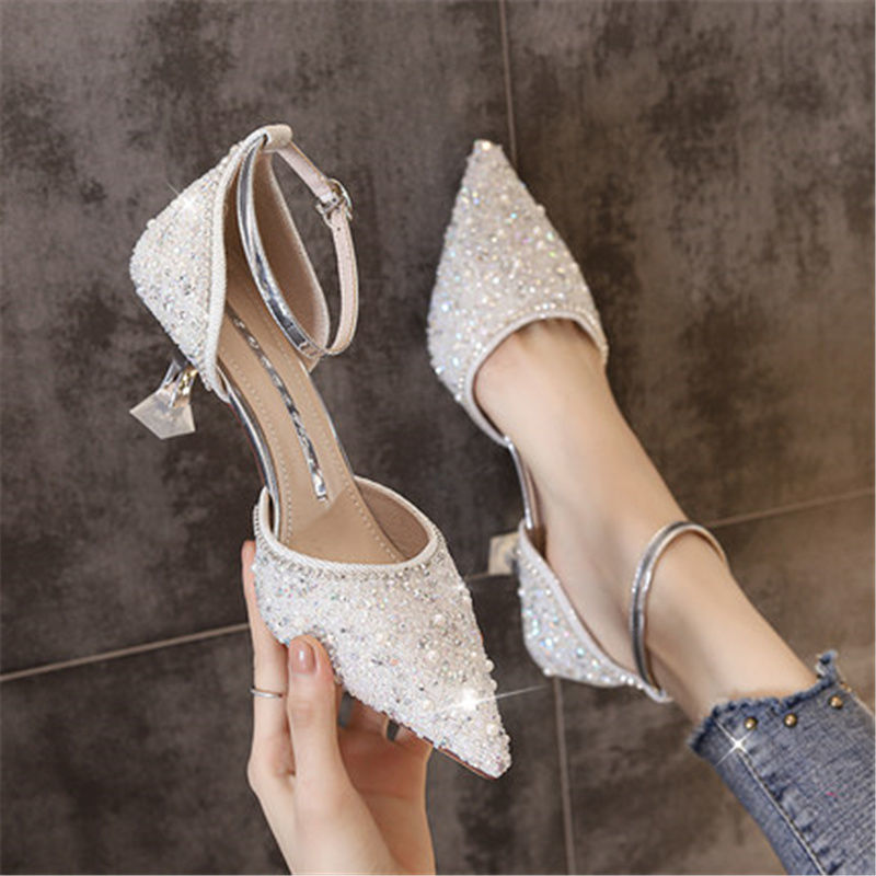 One Word With Hollow New Crystal Pointed Fashion High Heels