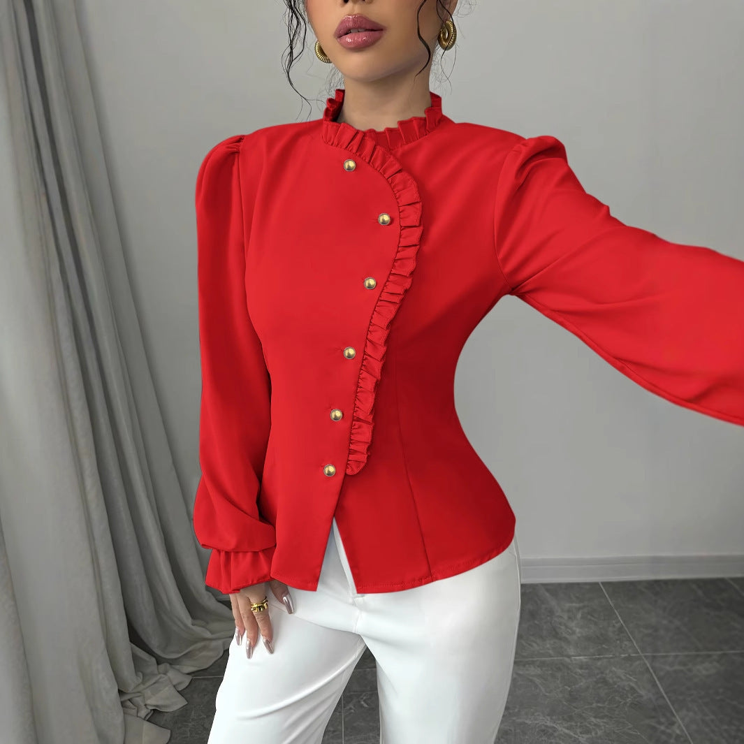 Women's Elegant French Asymmetrical Button-down Collar Ruffle Long Sleeve Blouse